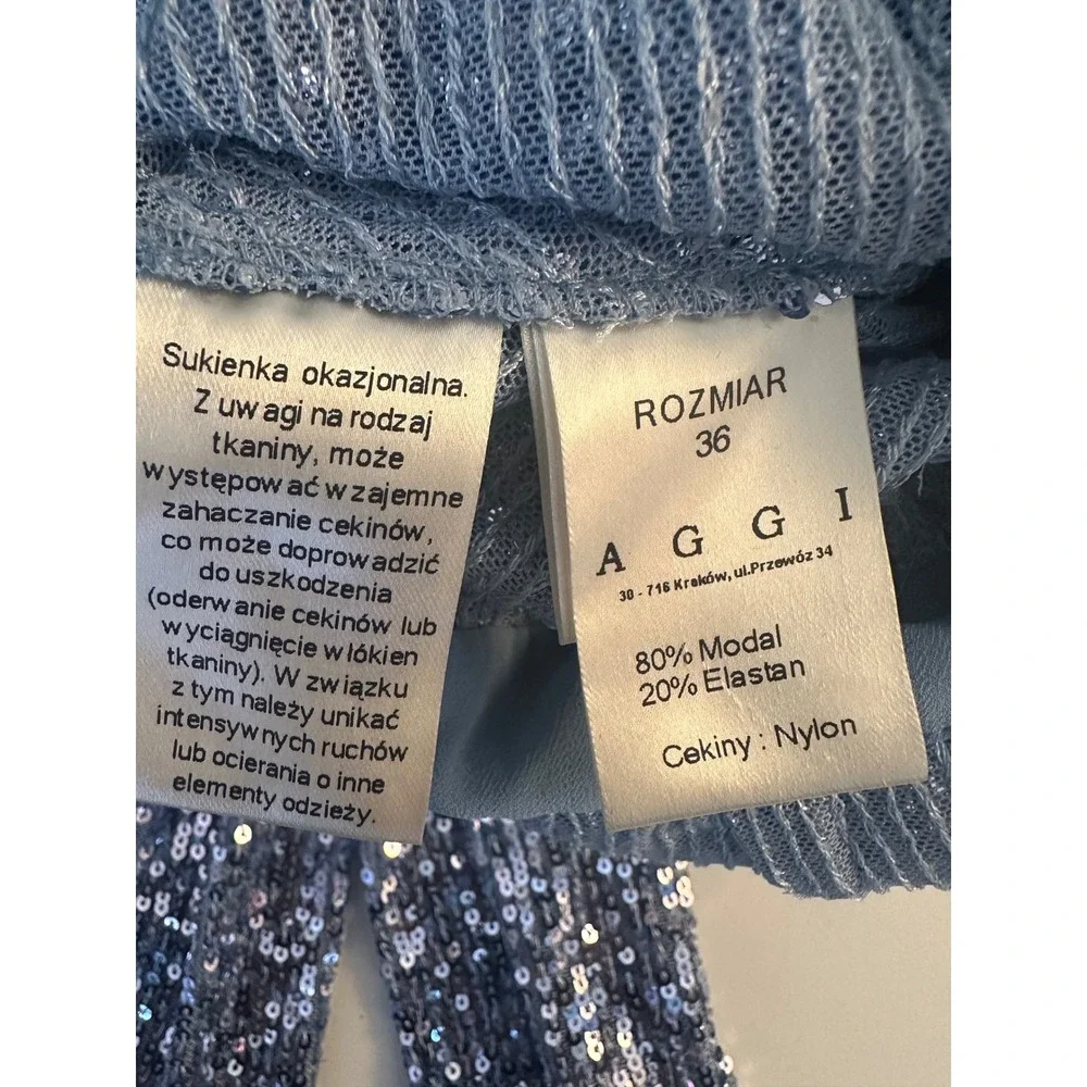 AGGI Women's Blue Sequin Deep V-Neck Ruched Long Sleeve Mini Dress Size Small